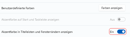 Akzentfarbe in Titelleiste und Fensterrändern anzeigen