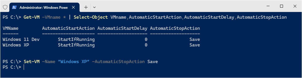 Set-VM -Name "Windows XP" -AutomaticStopAction Save