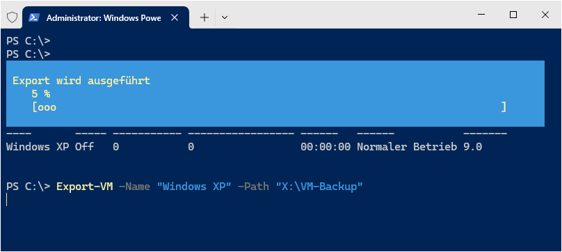 Export-VM -Name "Windows XP" -Path "X:\VM-Backup"