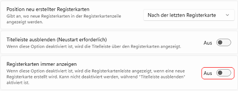 Registerkarten immer anzeigen