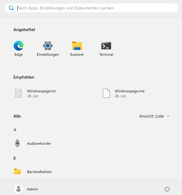 Menü "Start" mit Ansicht "Liste"