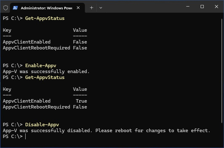 Get-AppvStatus, Enable-Appv, Disable-Appv