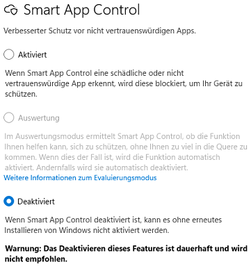 Einstellungen für Smart App Control