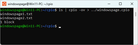 ls | cpio -ov > ../windowspage.cpio