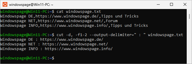 cut -d, -f1-2 --output-delimiter=" : " windowspage.txt