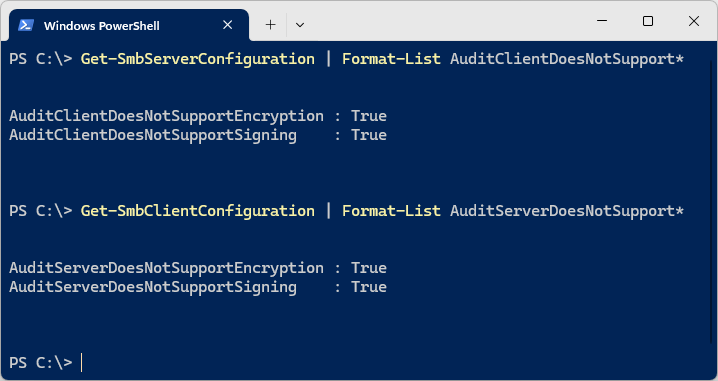 Get-SmbServerConfiguration, Get-SmbClientConfiguration