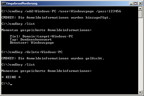 cmdkey /add:Windows-PC /user:Windowspage /pass:123456