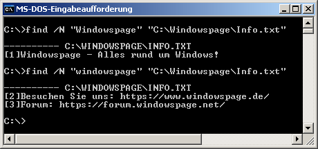 find /N "Windowspage" "C:\Windowspage\info.txt"