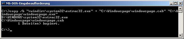 copy /b "%windir%\system32\extrac32.exe" + "C:\Windowspage\windowspage.cab" "C:\Windowspage\windowspage.exe"