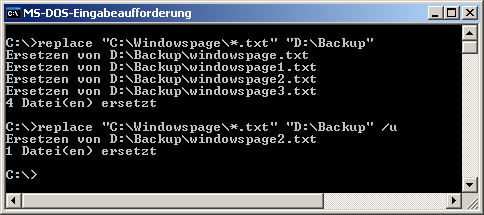 'replace "C:\Windowspage\*.txt" "D:\Backup" /u