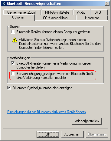Benachrichtigung anzeigen, wenn ein Bluetooth-Ger&auml;t eine Verbindung herstellen m&ouml;chte